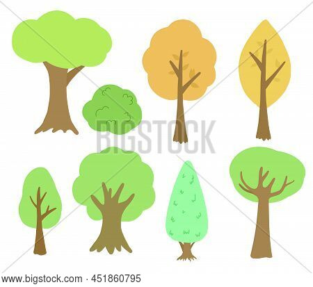 Big Set Of Trees In Simple Style. Collection Of Isolated Colorful Green Plants.