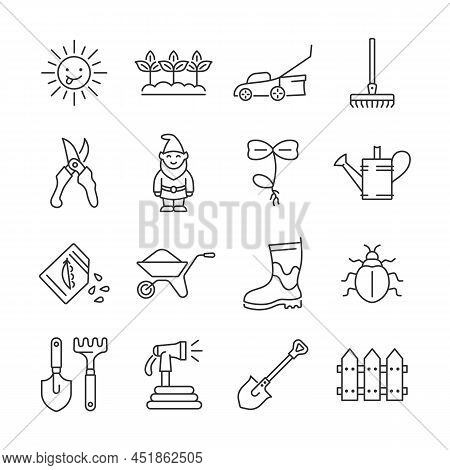 Gardening Line Icon Set. Vector Collection With Seedling, Garden Gnome, Seeds, Bug, Garden Hose, Sun