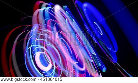 Light Flow In Ring Structure, Bg. 3d Render. Abstract Background With Light Trails, Stream Of Red Bl