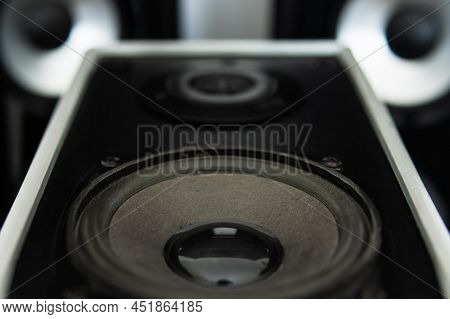 Loudspeaker, Black Speaker. The Power Of Sound. Abstract Movement.