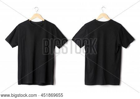 Black T Shirt Mockup Hanging Isolated On White Background With Clipping Path.