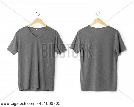 Realistic Gray T Shirt Front And Back Mockup Hanging Isolated On White Background With Clipping Path