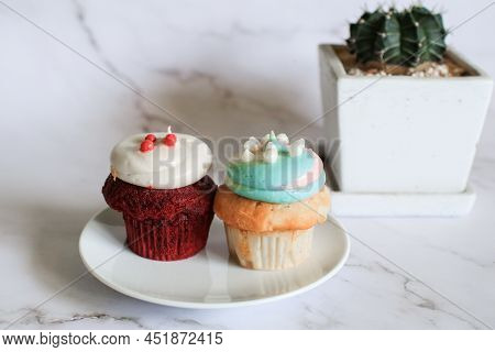 Delicious Cupcakes Red Velvet And Chocolate With A Variety Of Frosting Flavors. Birthday Cake And We