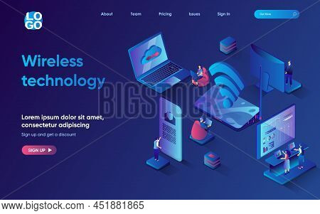 Wireless Technology Concept 3d Isometric Web Landing Page. People Use Wifi Hotspot To Get Internet A