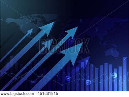 Business Stick Graph On World Map Background. Chart Of Global Marketing Investment Trend Vector Illu