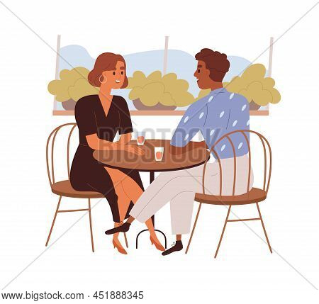 Love Couple Talking On Date In Cafe. Biracial Man And Woman Sitting At Table In Romantic Evening, Re