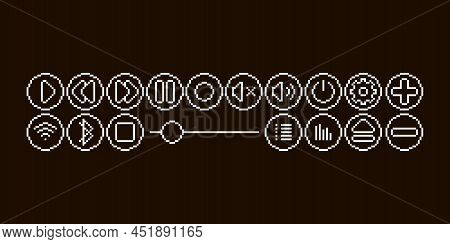 Monochrome Simple Flat Pixel Art Set Of White Mediaplayer Icons For Audio Or Video On Black Backgrou