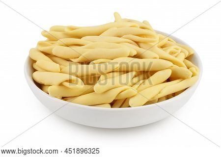 Typical Calabrian Pasta Called Maccheroncini Or Maccheroni In Ceramic Bowl Isolated On White Backgro