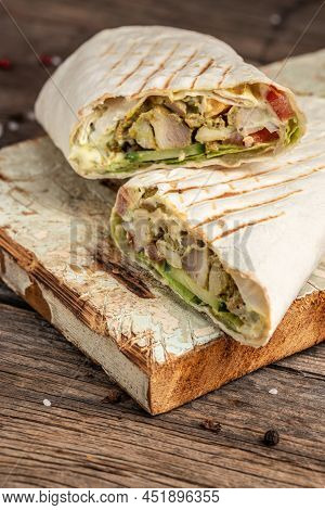 Kebab, Pita, Gyros, Shaurma, Wrap Sandwich Stuffed With Sausages From Minced Meat, French Fries, Fre