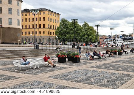 Stockholm, Sweden - August 24, 2018: People Visit Public Park Evert Taubes Terrass In Riddarholmen I