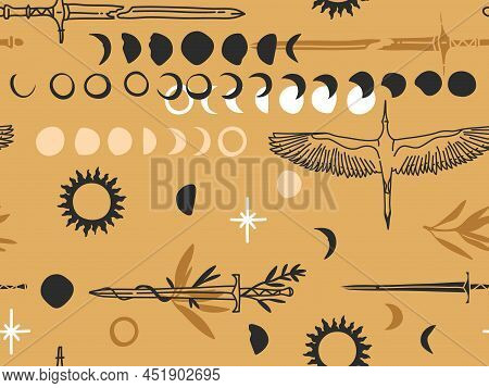 Hand Drawn Vector Abstract Flat Stock Graphic Illustration Sketch Seamless Pattern With Boho Mystic 