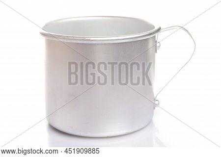 Empty Aluminum Mug With Handle On White Isolated Background