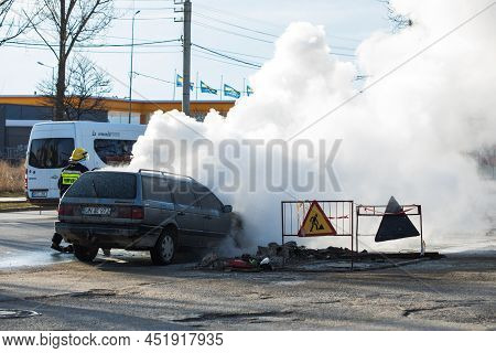 Balti, Moldova Murch 2022 - The Burning Car. Smoke Started Suddenly From Under The Bonnet.