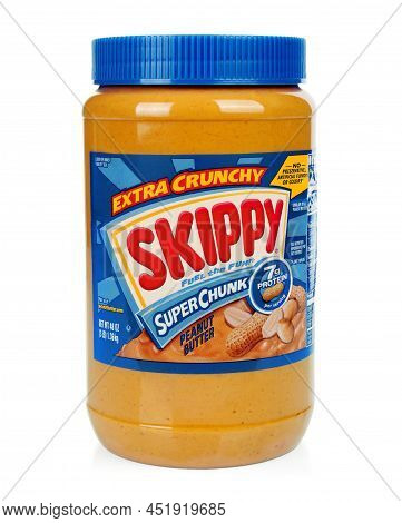 Kiev, Ukraine - January 27, 2022: Pack Of Peanut Butter Extra Crunchy Skippy Super Chunk, On White B