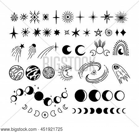 Celestial Or Spase Objects - Stars, Planets, Comet, Moon Phases Magical Symbols, Galaxy And Starburs