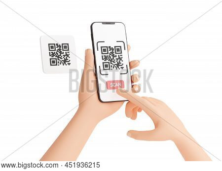 Qr Code Scan Concept - Human Hand Holding Mobile Phone With Barcode Scanning Process 3d Render Illus
