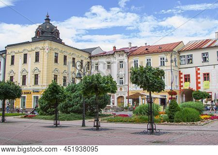 Banska Bystrica, Slovakia - August 17, 2021: View Of Snp Square - Colorful Historic Buildings, Bloom