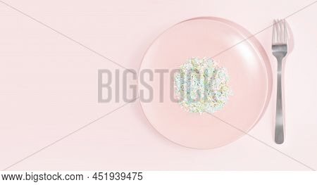 A Plate Full Of Microplastics On A Pink Background. Impact Of Micro Plastic In Food Chain. The Conce