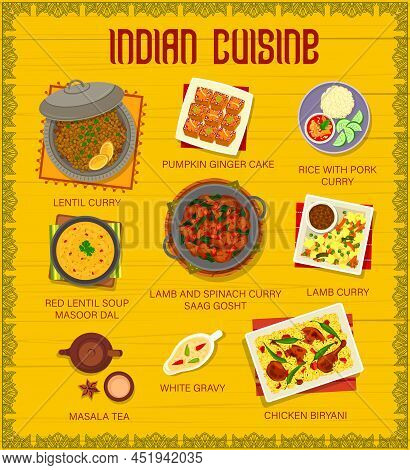 Indian Food Restaurant Dishes Menu Page Design. Pumpkin Ginger Cake, Lentil And Rice With Pork Curry