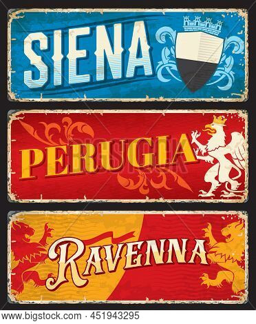 Siena, Perugia And Ravenna Italian Travel Stickers And Plates. Italy Cities Postcard Or Tin Sings Ve