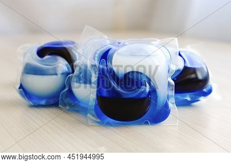 Gel Capsules With Laundry Detergent Close Up