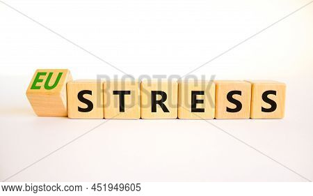 Eustress Or Stress Symbol. Turned The Wooden Cube And Changed The Concept Word Eustress To Stress. B