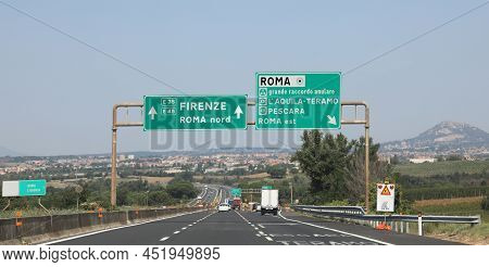 Highway In Italy With Name Of Italian Place Like Rome Florence