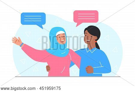 Women Stand Together. Unity And Respect Metaphor, Multicultural And Multipath People Hugging. Tradit