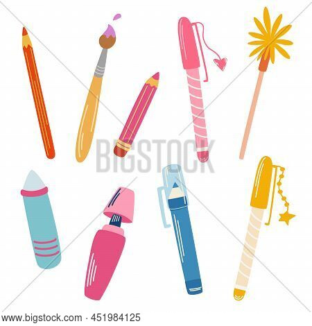 Pens And Pencils Set. Office Supplies, Pens, Pencils, Markers, Brush. Back To School. Subjects For W