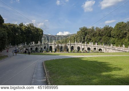 Caserta, Italy - September 9, 2018: View Of The Gardens Of The Royal Palace Of Caserta And The Fount