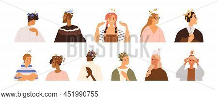 People With Different Thoughts In Brain, Head, Mindset Types Set. Characters Thinking, Feeling Happy