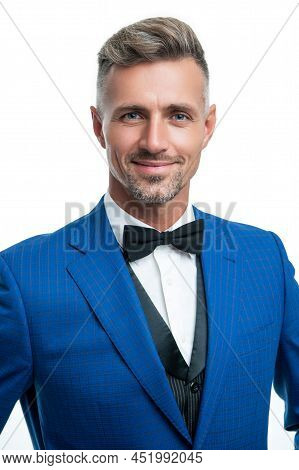 Face Of Man Bridegroom In Blue Rich Tux Bow Isolated On White Background