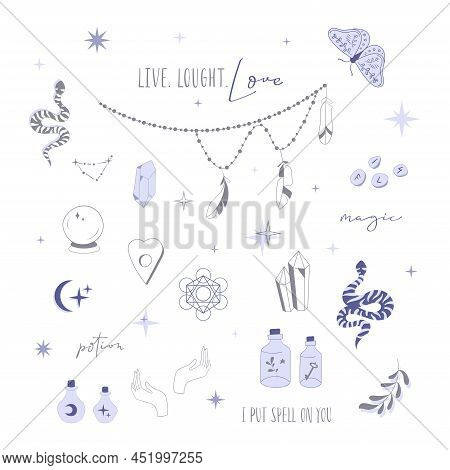 Boho Witch And Magic Collection With Hand, Snake And Bottle