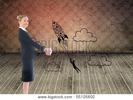 Composite image of happy blonde businesswoman looking at camera