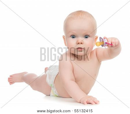 6 Month Child Girl Lying Happy Holding Baby Nipple Soother