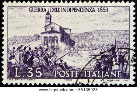 stempel trykt i Italien viser Slaget af San Fermo krig for uafhængighed 1859