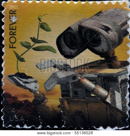 známka vytištěna v USA ukazuje obrázek z filmu Wall-E