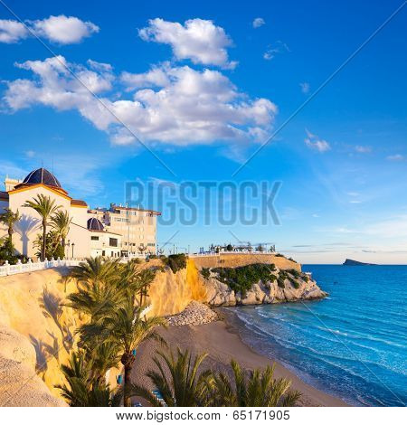 Benidorm Alicante playa del Mal Pas beach at sunset in Spain with palm trees