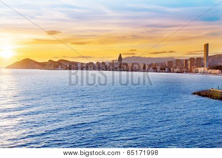 Benidorm Alicante sunset playa de Poniente beach in Spain Valencian community