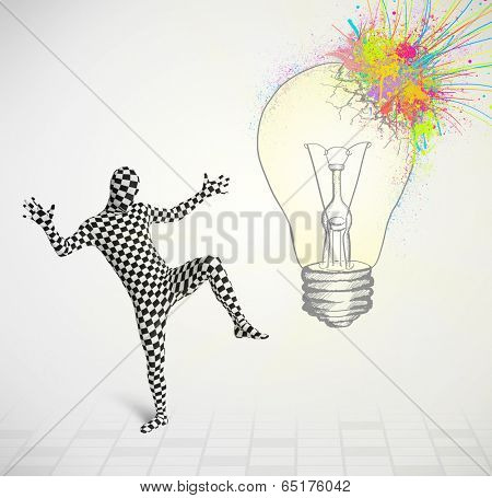 3d human character is body suit morphsuit looking at abstract colorful lightbulb