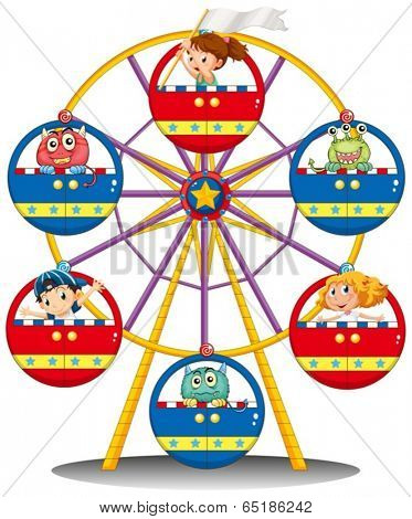 Illustration of a carnival ride with monsters and kids on a white background