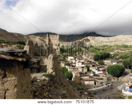 Himalayan Town Jhong And Monastary In Monsoon