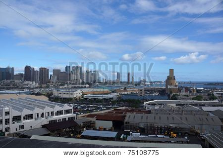 Aerial View Of The Honolulu Port And Downtown Skyline