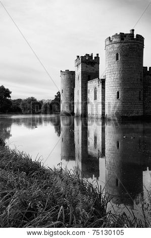 Stunning Moat And Castle In Autumn Fall Sunrise With Mist Over Moat Black And White