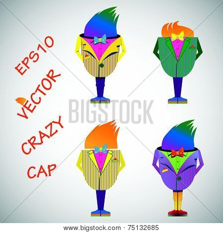 Vector illustration, Cup as a crazy man in bright clothes