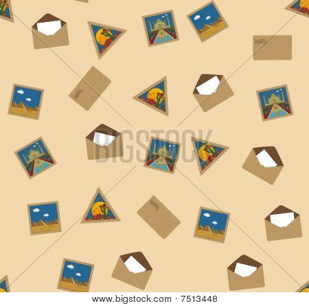 Seamless vector texture with letters and postal stamps with famous landmarks
