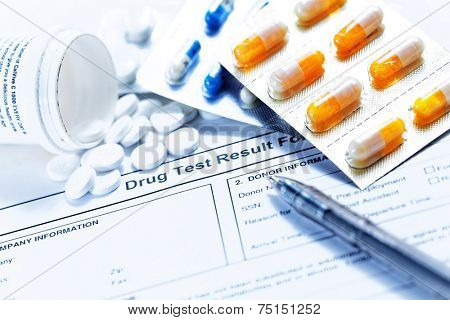Drug test blank form with Variety of medicines