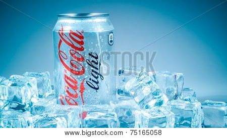 MOSCOW, RUSSIA-APRIL 4, 2014: Can of Coca-Cola Lignt on ice. Coca-Cola is a carbonated soft drink sold in stores, restaurants, and vending machines throughout the world.