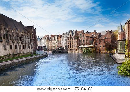 Beautiful Leie river in Ghent downtown, Belgium