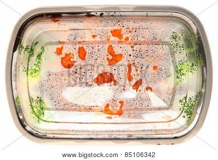Top View Take Out Chinese Food, General Tso Chicken and Brocolli Over White